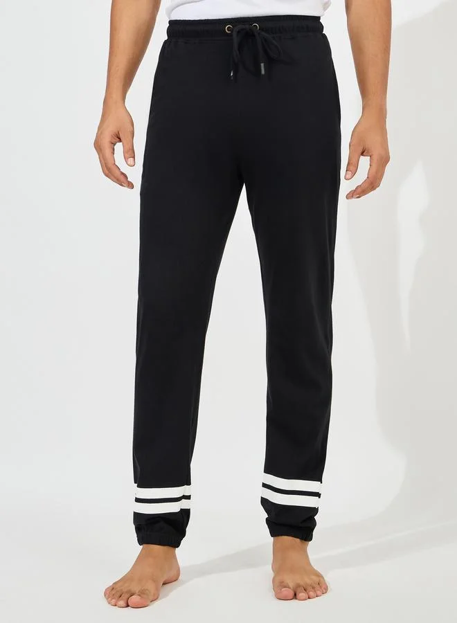Styli Solid Cotton Cuff Pyjama with Contrast Striped Hem