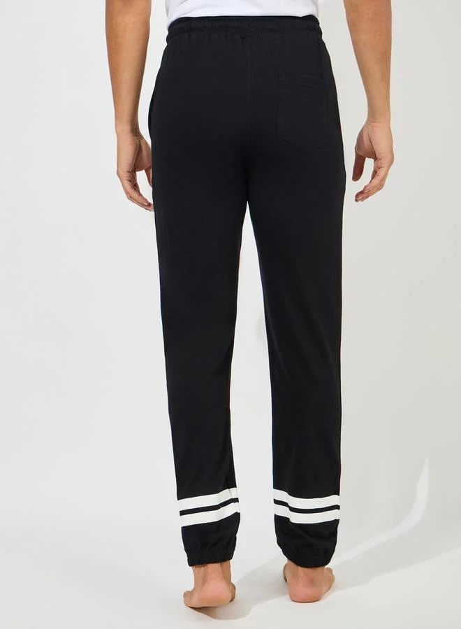 Styli Solid Cotton Cuff Pyjama with Contrast Striped Hem