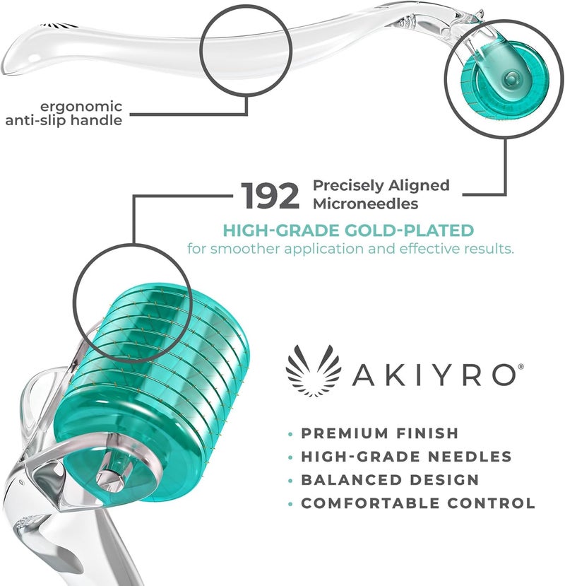 AKIYRO Derma Roller 0.30mm - Microneedle Roller with Storage Case - 192 Micro Needling Dermal Tool for Face, Beard, Scalp & Body - At Home Microneedling Skin Care Device for Women & Men (Green) - Image 5