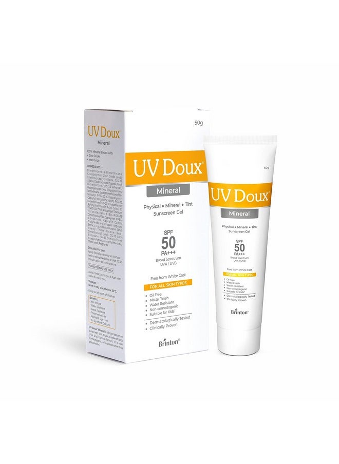 Brinton جل واقي من الشمس Uv Doux SPF 50 Pa+++ ذو أساس معدني بدون طبقة بيضاء، واقي من الشمس تم اختباره سريريًا مع أكسيد الزنك ملون ومقاوم للماء، حماية من الأشعة فوق البنفسجية UVA وB للرجال والنساء والأطفال 50 جرام  - Image 1