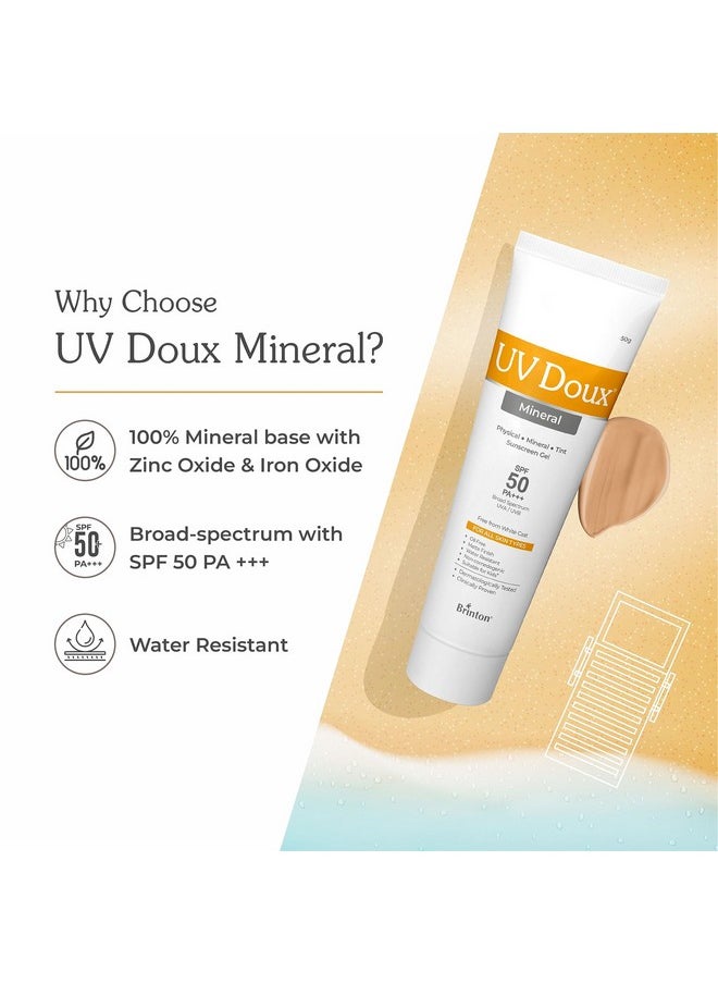 Brinton جل واقي من الشمس Uv Doux SPF 50 Pa+++ ذو أساس معدني بدون طبقة بيضاء، واقي من الشمس تم اختباره سريريًا مع أكسيد الزنك ملون ومقاوم للماء، حماية من الأشعة فوق البنفسجية UVA وB للرجال والنساء والأطفال 50 جرام  - Image 2