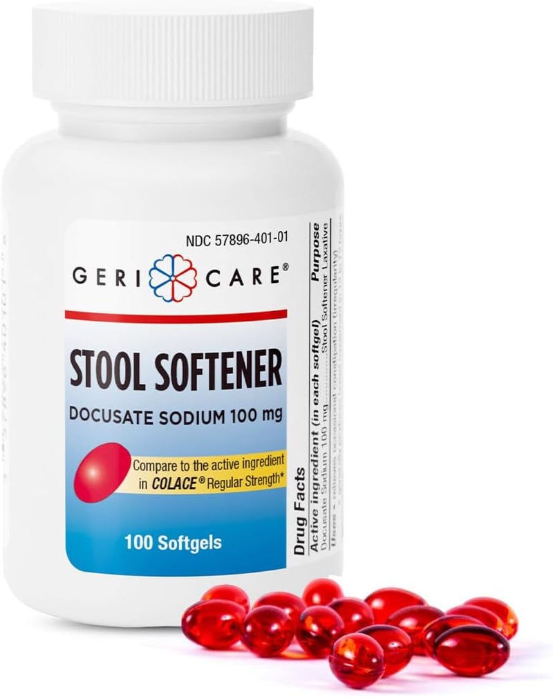 GeriCare Docusate Sodium Stool Softener - 100mg Gentle Stimulant Laxative Softgels for Men & Women- Constipation Relief - Adults Daily Bowel Movement Laxative 