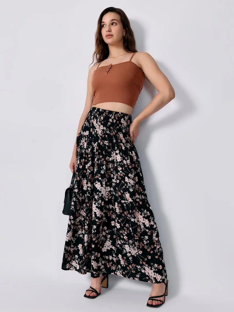 OUTZIDR Black Three Tired Midi Skirt Printed