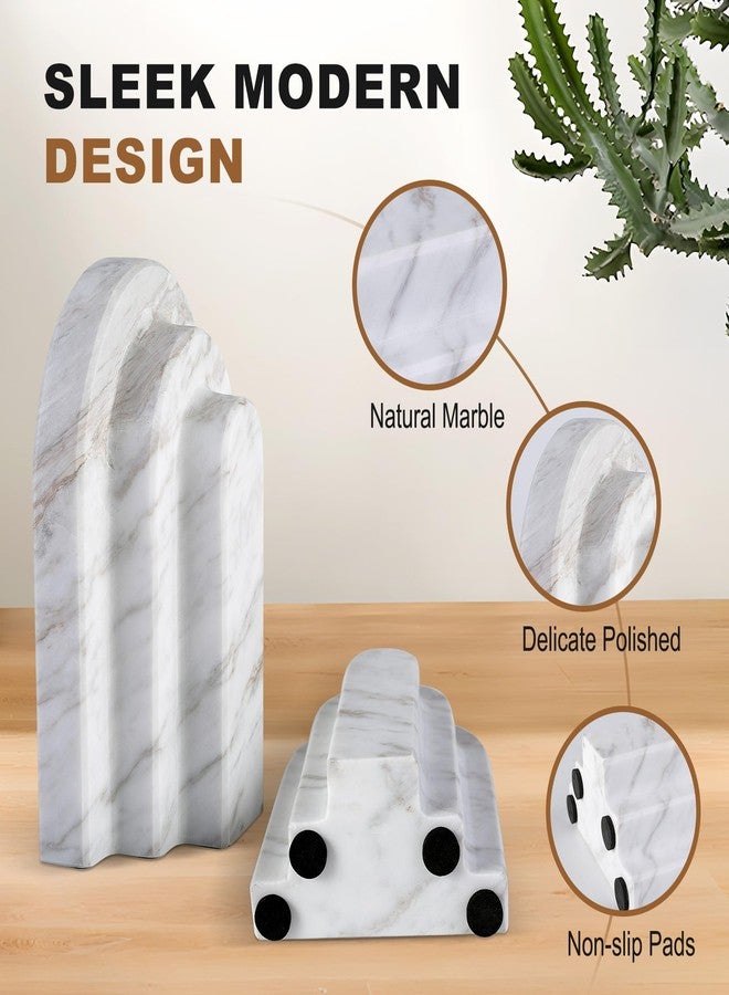 BCS Natural Marble Book Ends - Heavy Duty Bookends for Shelves - Aesthetic Layered Arch Design Stone Book Holders, Modern Office Bookshelf Stopper Decor for Books/CDs (Volakas) - Image 3