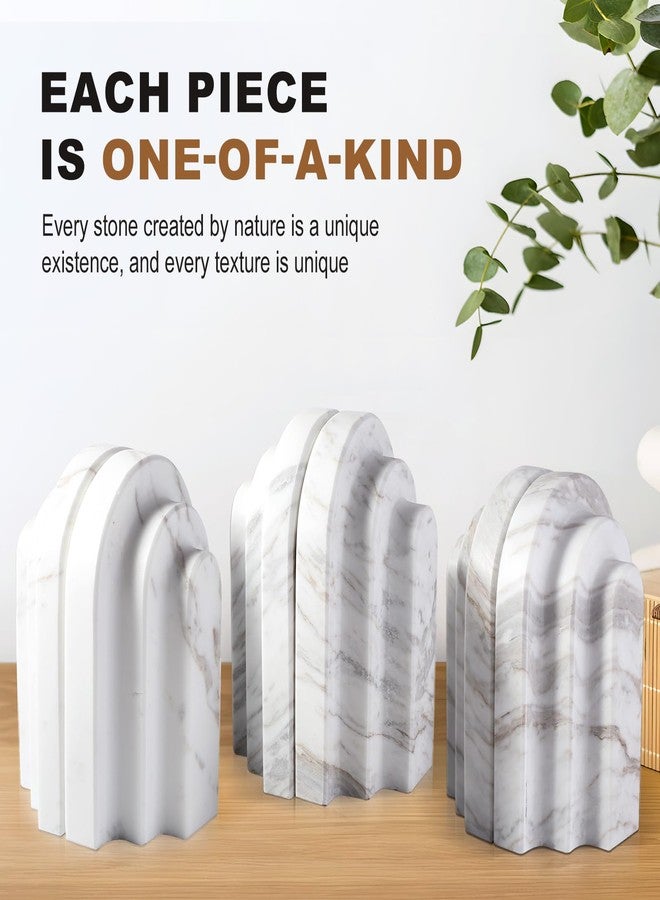 BCS Natural Marble Book Ends - Heavy Duty Bookends for Shelves - Aesthetic Layered Arch Design Stone Book Holders, Modern Office Bookshelf Stopper Decor for Books/CDs (Volakas) - Image 2