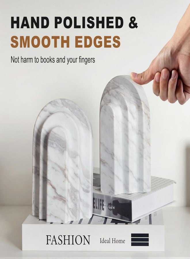 BCS Natural Marble Book Ends - Heavy Duty Bookends for Shelves - Aesthetic Layered Arch Design Stone Book Holders, Modern Office Bookshelf Stopper Decor for Books/CDs (Volakas) - Image 5