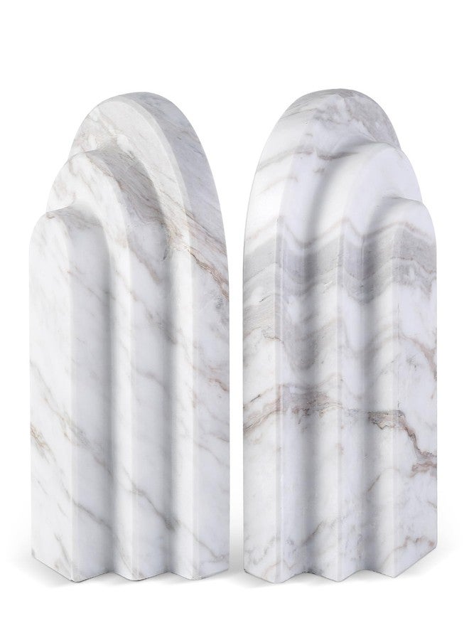 BCS Natural Marble Book Ends - Heavy Duty Bookends for Shelves - Aesthetic Layered Arch Design Stone Book Holders, Modern Office Bookshelf Stopper Decor for Books/CDs (Volakas) - Image 1