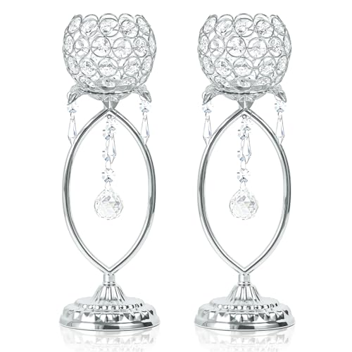 kehail 2 Pcs Silver Elegant Metal Crystal Tea Light Candle Holders with Crystal Pendants Hollow Design Wedding Table Centerpieces for Anniversary Birthday Party Home Decor - Image 1