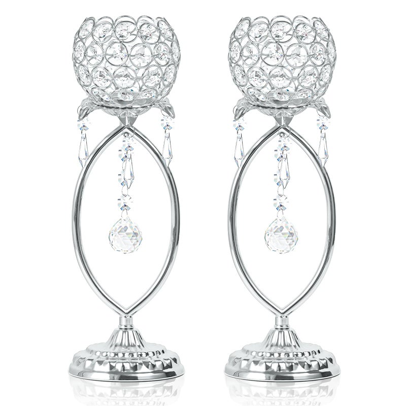 kehail 2 Pcs Silver Elegant Metal Crystal Tea Light Candle Holders with Crystal Pendants Hollow Design Wedding Table Centerpieces for Anniversary Birthday Party Home Decor - Image 2