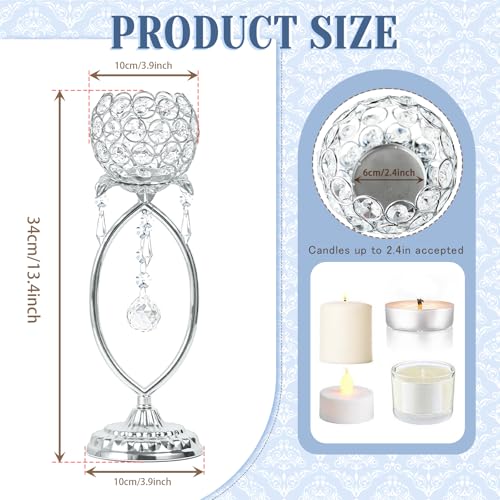 kehail 2 Pcs Silver Elegant Metal Crystal Tea Light Candle Holders with Crystal Pendants Hollow Design Wedding Table Centerpieces for Anniversary Birthday Party Home Decor - Image 3