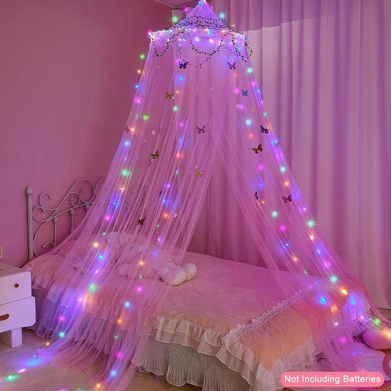 FIOBEE خيمة سرير لغرفة الفتيات مع ستائر خيمة سرير مزودة بأضواء LED وشبكة ناموس DIY لتزيين غرفة الأميرة مع نجوم وفراشات لغرفة الأطفال، وردي فاقع - Image 2