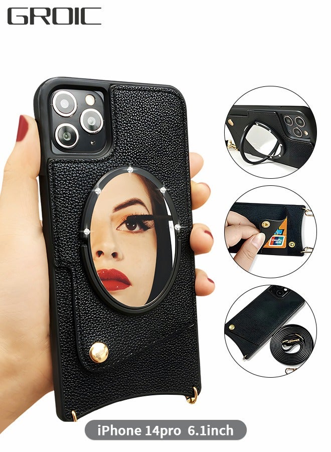 GROIC Compatible with iPhone 14 Pro 6.1 Inch Mirror Case,Wallet Phone Cover,Leather Phone Case with Oblique shoulder strap,Corner Protection Case Shockproof Design Fashion Luxury Phone Shell - Image 1