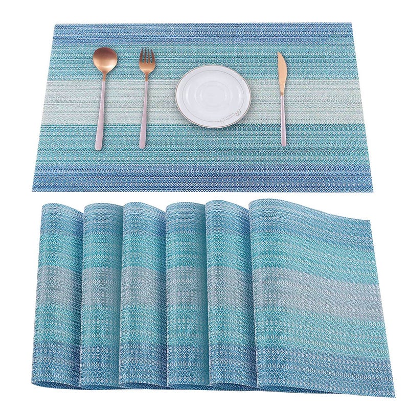 HeloHo Blue Placemats Set of 6,Stain-Resistant Kitchen Table Mats Washable Placemats Crossweave Woven Vinyl Placemat for Kitchen Dining Table - Image 1