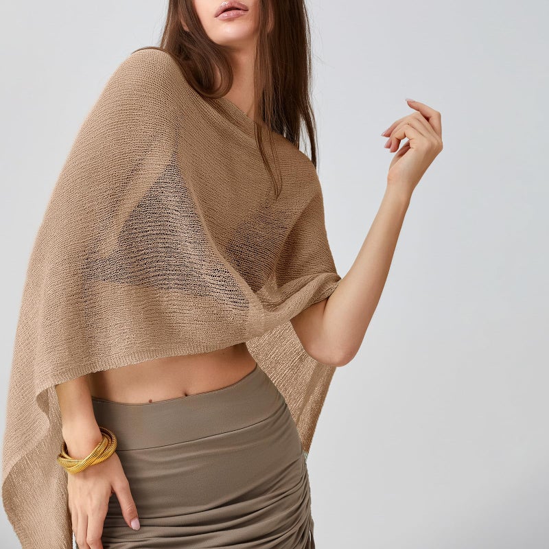 Foidiccx Women Sheer Knit Poncho Y2k See Through Shrug Crochet Mesh Cover Up Lightweight Asymmetrical Beach Shawl Cape Top (brown, ONE SIZE) - Image 2