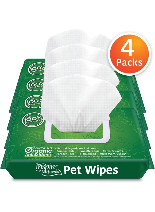 Inspire Naturals Pet Wipes 100% Natural Plant Based with Organic Antioxidants, Dog Wipes Cleaning Deodorizing Cat Wipes | Dog Bath Dog Ear Wipes | Dog Wipes for Paws and Butt (200ct - 4 Pack)