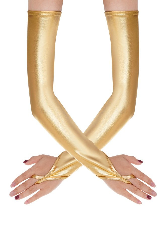 Tayfremn Metallic Gloves Women Costume Fingerless Gloves Halloween Girl Long Elastic Shiny Cosplay Party Accessories (Gold) - Image 1