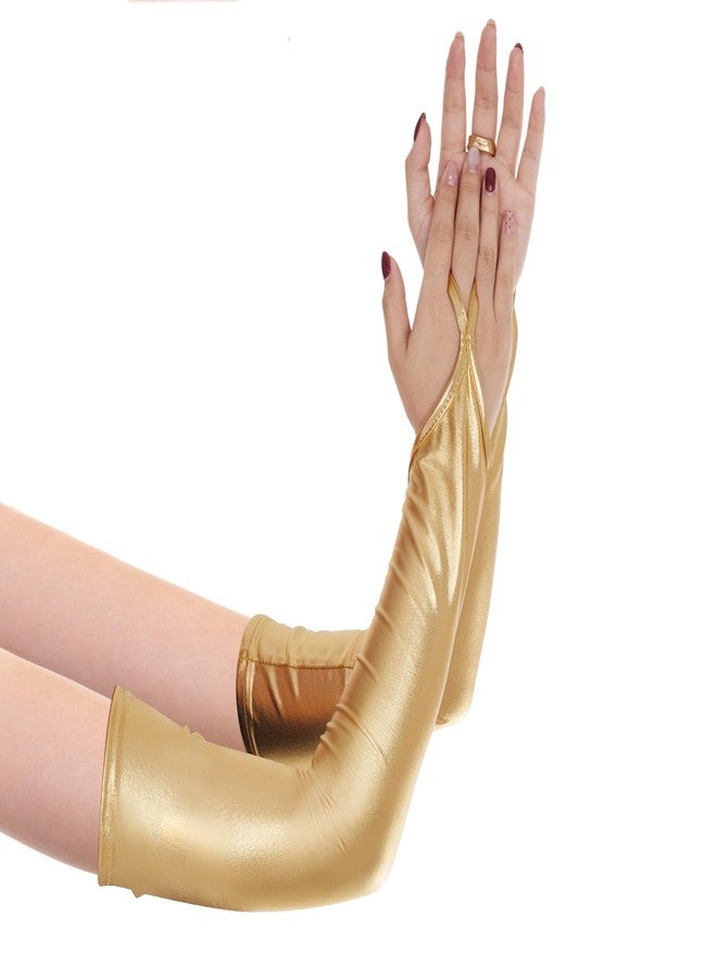 Tayfremn Metallic Gloves Women Costume Fingerless Gloves Halloween Girl Long Elastic Shiny Cosplay Party Accessories (Gold) - Image 2