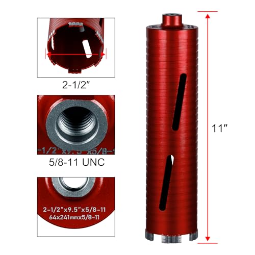 SALI Diamond Core Drill Bits 2 1/2" Diameter 10"/254mm Drilling Depth 5/8-11" Thread Core Bit Turbo Laser-Welded Segments for Cured Concrete with Brick Block Masonry with Two Adapters（Red） - Image 2