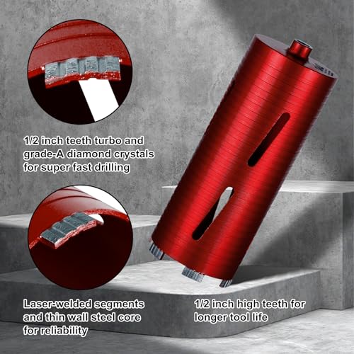 SALI Diamond Core Drill Bits 2 1/2" Diameter 10"/254mm Drilling Depth 5/8-11" Thread Core Bit Turbo Laser-Welded Segments for Cured Concrete with Brick Block Masonry with Two Adapters（Red） - Image 5