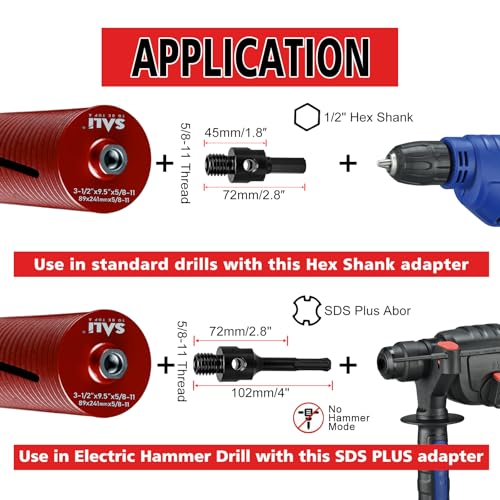 SALI Diamond Core Drill Bits 2 1/2" Diameter 10"/254mm Drilling Depth 5/8-11" Thread Core Bit Turbo Laser-Welded Segments for Cured Concrete with Brick Block Masonry with Two Adapters（Red） - Image 4