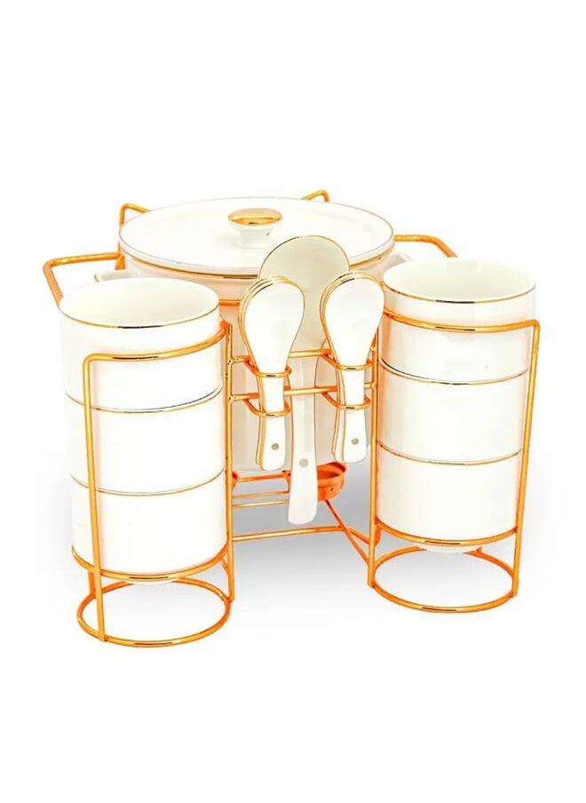 Alsaif Gallery 15 Pieces One More White Porcelain Soup Set With Gold Line And Gold Stand 