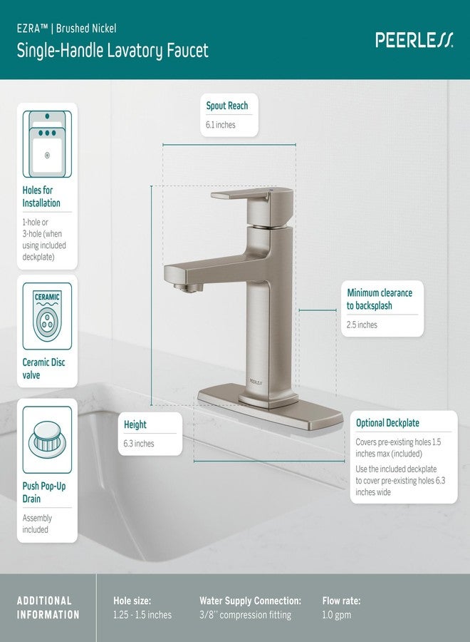 Peerless Ezra Single Hole Bathroom Faucet, Brushed Nickel Bathroom Sink Faucet, Single Handle Bathroom Faucet, Bath Faucet, Metal Push Pop-Up Drain Assembly, Brushed Nickel P1571LF-BN-M - Image 3