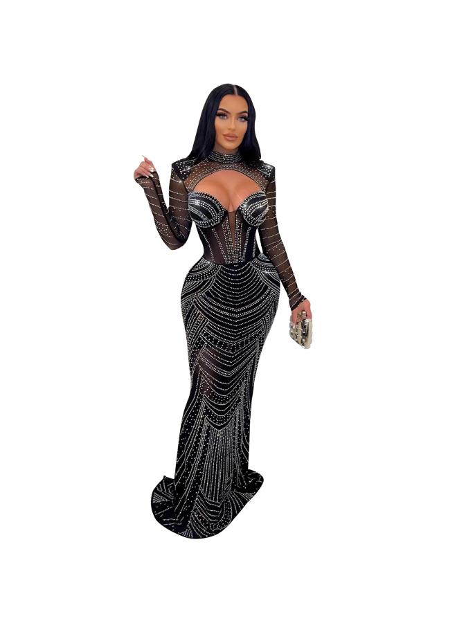 Os6843 Summer New European And American Women's Sexy Mesh Rhinestone Perspective Long-sleeved Women's Dress