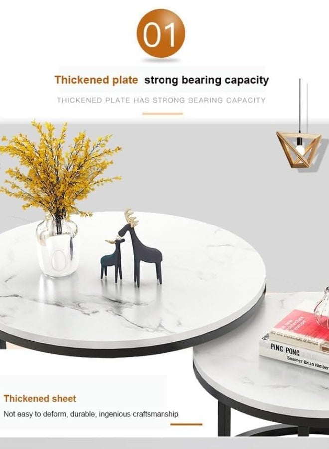 SULSHA Nesting Tables Removable Set of 2 End Table, Round Coffee Tables with Black Metal Frame Legs and Marble White Top for Living Room, Bedroom, Office, Balcony, Apartment (White) - Image 3