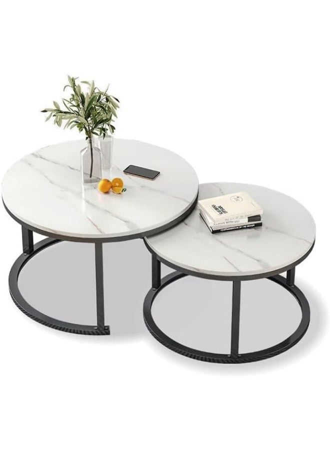 SULSHA Nesting Tables Removable Set of 2 End Table, Round Coffee Tables with Black Metal Frame Legs and Marble White Top for Living Room, Bedroom, Office, Balcony, Apartment (White) - Image 1