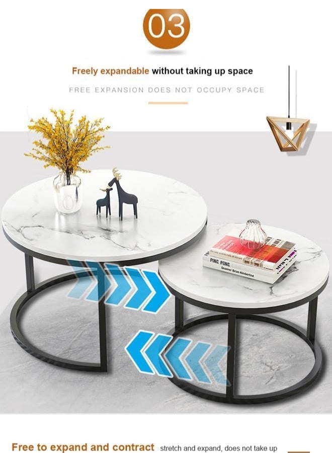 SULSHA Nesting Tables Removable Set of 2 End Table, Round Coffee Tables with Black Metal Frame Legs and Marble White Top for Living Room, Bedroom, Office, Balcony, Apartment (White) - Image 4