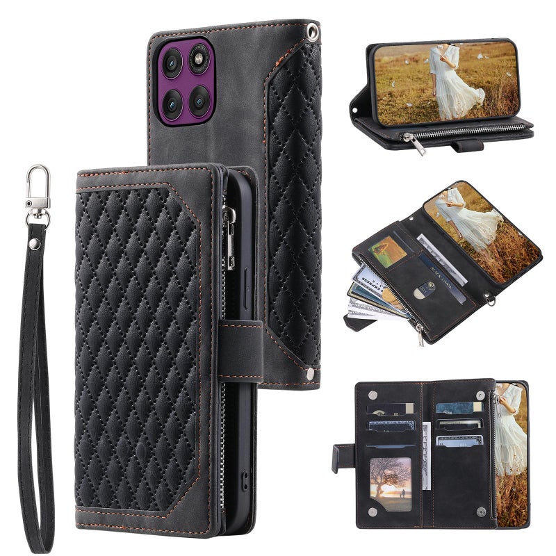 erorex For Motorola Edge 60 Pro Grid Texture Zipper Leather Phone Case with Lanyard(Black) - Image 1