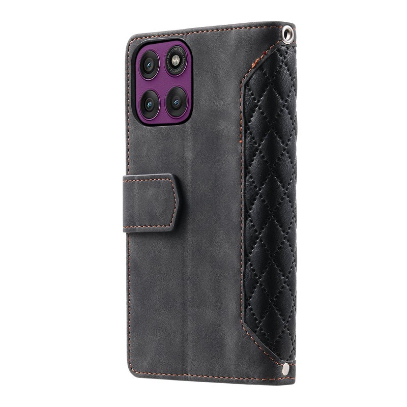 erorex For Motorola Edge 60 Pro Grid Texture Zipper Leather Phone Case with Lanyard(Black) - Image 3