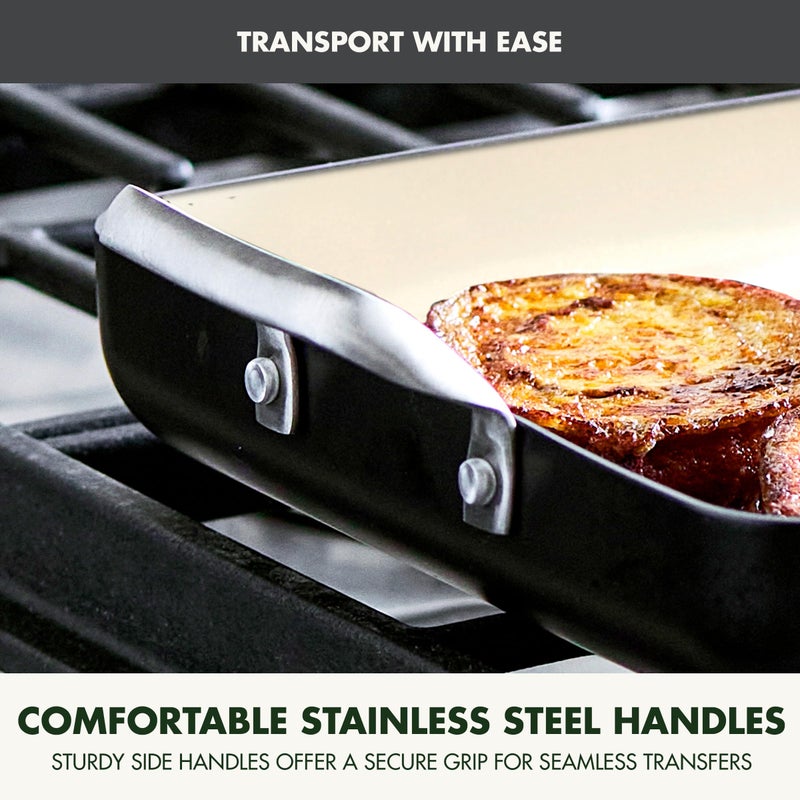 Greenpan مقلاة مزدوجة من جرين بان 18" × 11"، مصنوعة من السيراميك الصحي غير اللاصق، خالية من PFAS، مقابض من الفولاذ المقاوم للصدأ، للطهي على الموقد، آمنة في غسالة الصحون، آمنة في الفرن والشواية، باللون الأسود - Image 4