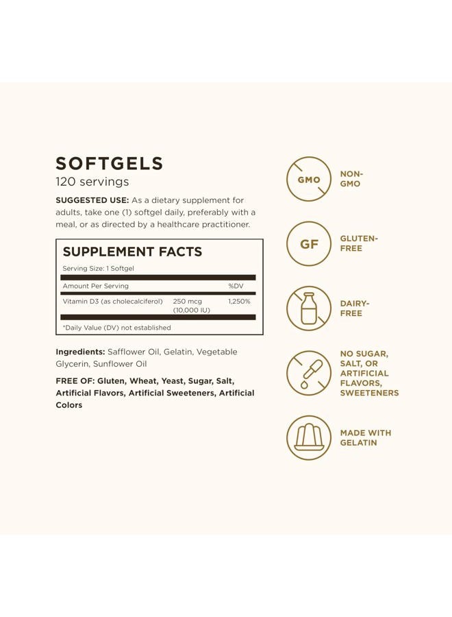 Solgar Vitamin D3 (Cholecalciferol) 250 MCG (10,000 IU), 120 Softgels - Helps Maintain Healthy Bones & Teeth - Immune System Support - Non GMO, Gluten/ Dairy Free - 120 Servings