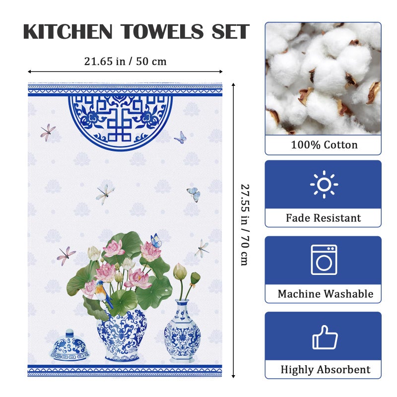 Arquiel Blue and White Porcelain Kitchen Towel 100% Cotton Quick Dry Dish Towels 20 x 27.5inch  Dishcloth Hand Towels for Housewarming Gifts Dining  Home  Wedding  Banquet  Buffet (Set of 4) - Image 2
