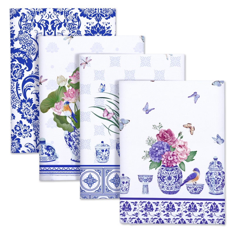 Arquiel Blue and White Porcelain Kitchen Towel 100% Cotton Quick Dry Dish Towels 20 x 27.5inch  Dishcloth Hand Towels for Housewarming Gifts Dining  Home  Wedding  Banquet  Buffet (Set of 4) - Image 1