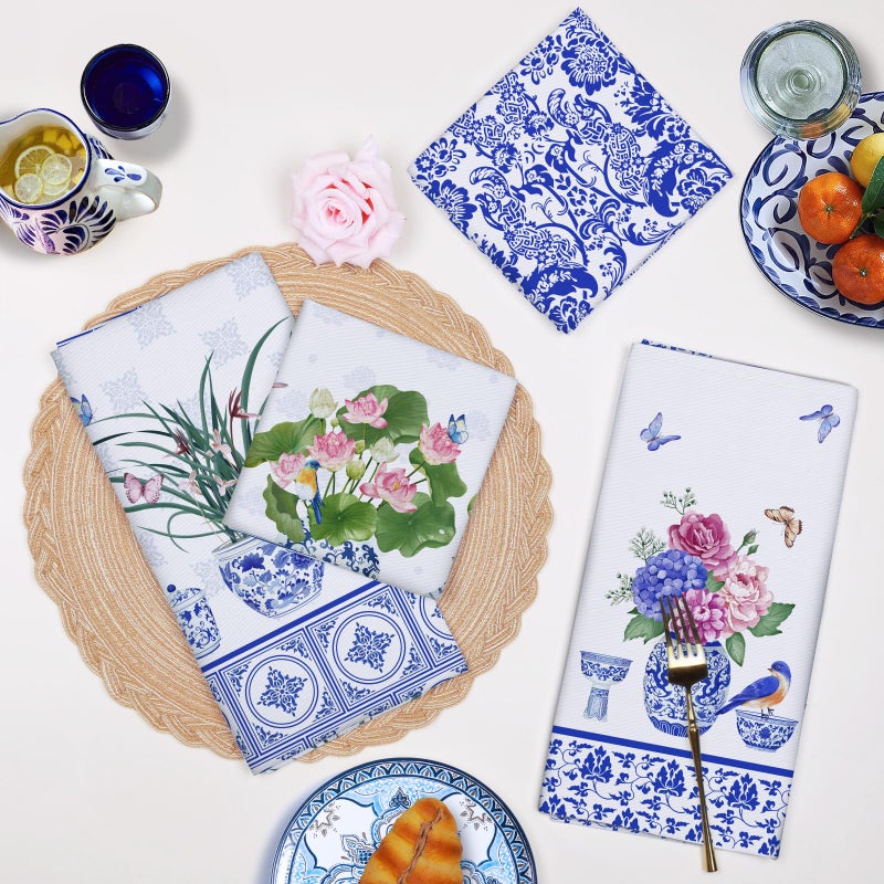 Arquiel Blue and White Porcelain Kitchen Towel 100% Cotton Quick Dry Dish Towels 20 x 27.5inch  Dishcloth Hand Towels for Housewarming Gifts Dining  Home  Wedding  Banquet  Buffet (Set of 4) - Image 5