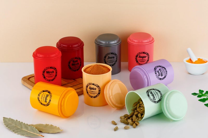 DEW MAT Kitchen Storage Containers Set plastic, 8 Piece Spice Jars with Lids, Multi-Colored Canisters for Masala, Sugar, Mirch, Haldi ETC... - Image 2