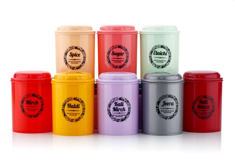 DEW MAT Kitchen Storage Containers Set plastic, 8 Piece Spice Jars with Lids, Multi-Colored Canisters for Masala, Sugar, Mirch, Haldi ETC... - Image 1