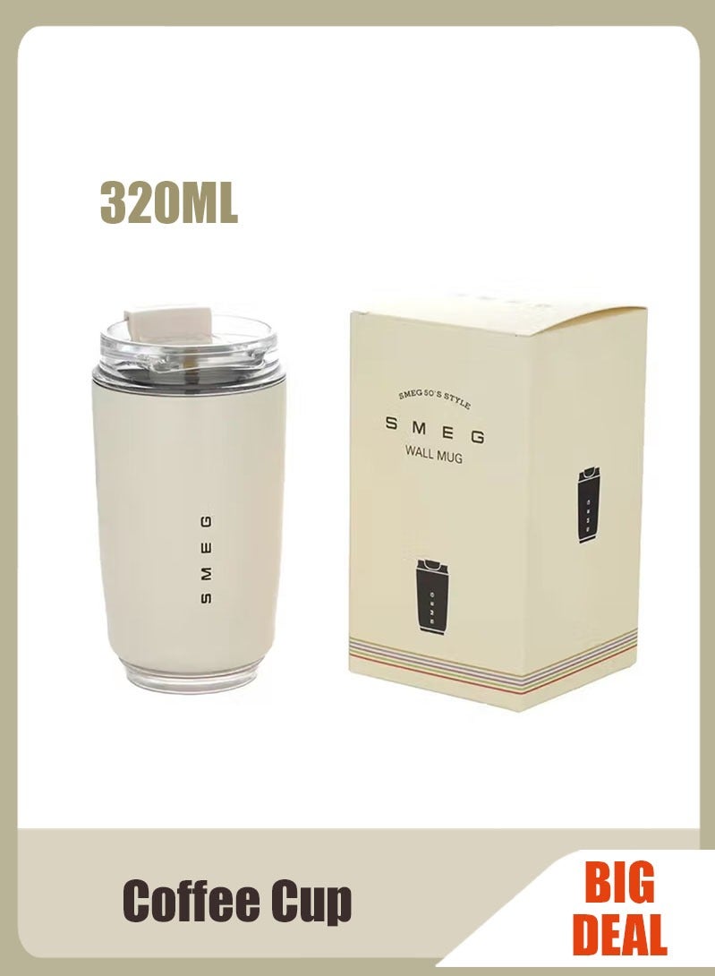 سميج كوب قهوة للسفر، كوب مشروبات معزول بسعة 320 مل مع غطاء مانع للتسرب، كوب قهوة طويل الأمد مع غطاء وقشة، ترمس قهوة للسفر أبيض - Image 1