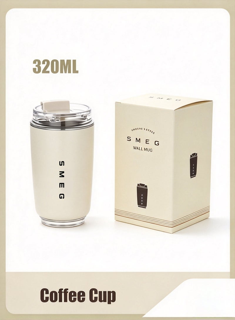 smeg Travel Coffee Mug, 320ml Insulated Beverage Cup With Leakproof Lid, Long Lasting Coffee Tumbler With Lid And Straw, Travel Coffee Thermos White - Image 1