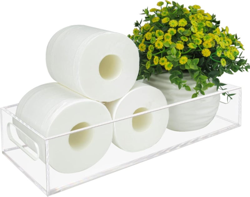 حامل ورق تواليت أكريليك من بيست ميديا ​​مع صينية تخزين، صينية خزان مرحاض شفافة بمقابض، صينية تزيين للحمام - عصري - قطعة واحدة - شفاف