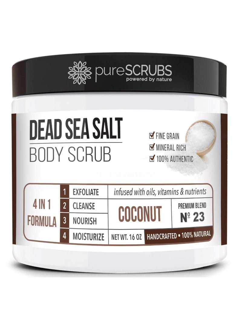 pureSCRUBS - pureSCRUBS Premium Organic Body Scrub Set - INCLUDES spoon, loofah & soap - Large 16oz COCONUT BODY SCRUB Dead Sea Salt Infused Organic Essential Oils & Nutrients - Image 1