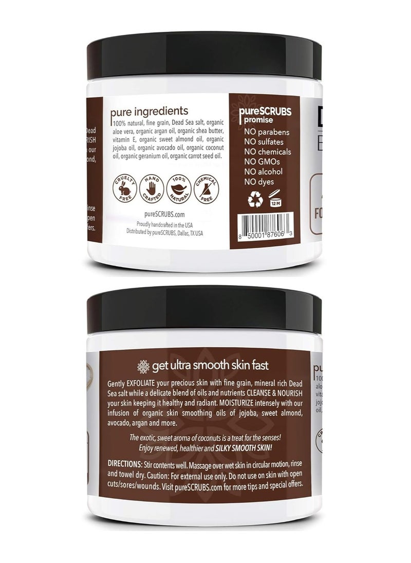 pureSCRUBS - pureSCRUBS Premium Organic Body Scrub Set - INCLUDES spoon, loofah & soap - Large 16oz COCONUT BODY SCRUB Dead Sea Salt Infused Organic Essential Oils & Nutrients - Image 1