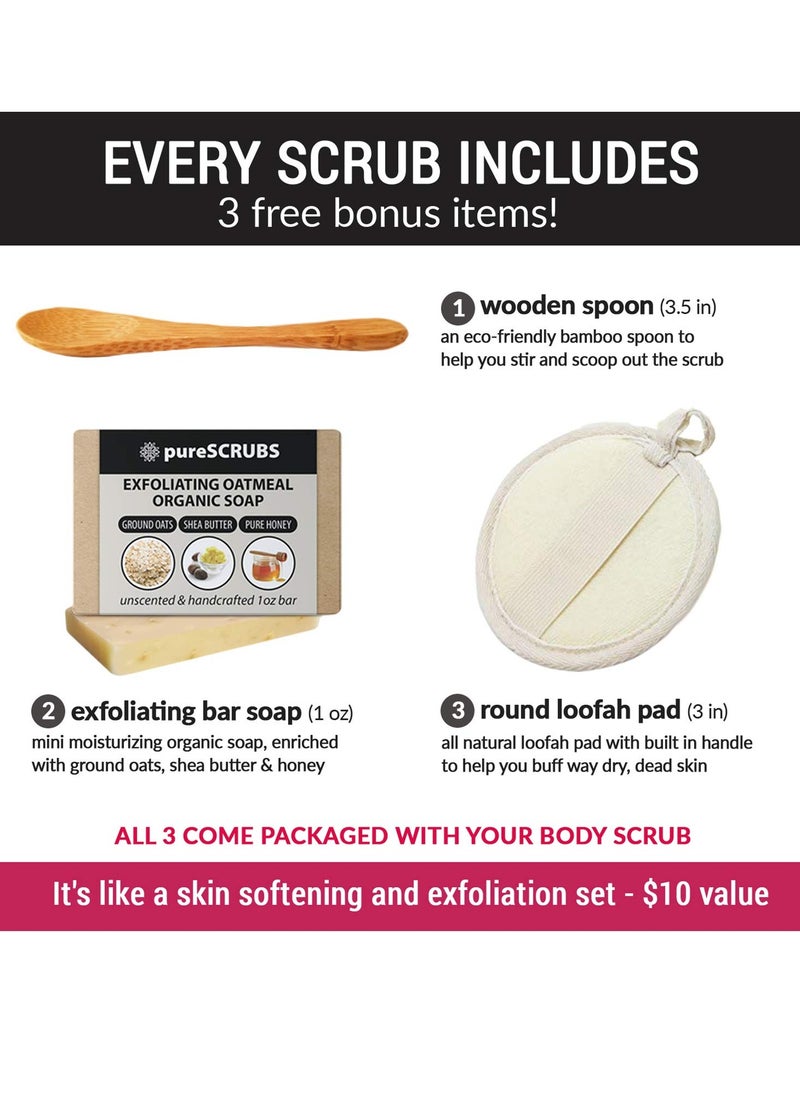 pureSCRUBS - pureSCRUBS Premium Organic Body Scrub Set - INCLUDES spoon, loofah & soap - Large 16oz COCONUT BODY SCRUB Dead Sea Salt Infused Organic Essential Oils & Nutrients - Image 1