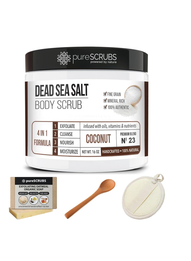 pureSCRUBS - pureSCRUBS Premium Organic Body Scrub Set - INCLUDES spoon, loofah & soap - Large 16oz COCONUT BODY SCRUB Dead Sea Salt Infused Organic Essential Oils & Nutrients - Image 1