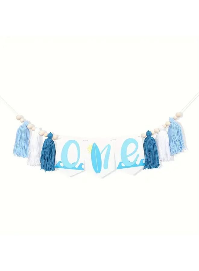 لافتة عيد الميلاد الأول باللون الأزرق الداكن والأبيض والأزرق الفاتح مع شرائط وأمواج المحيط زخرفة - Image 1