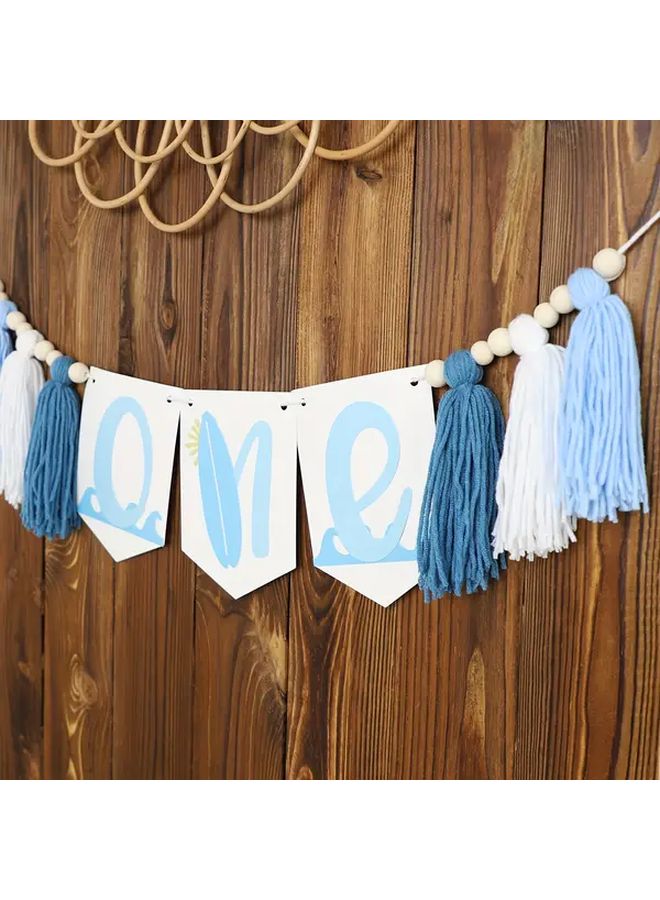 لافتة عيد الميلاد الأول باللون الأزرق الداكن والأبيض والأزرق الفاتح مع شرائط وأمواج المحيط زخرفة - Image 3