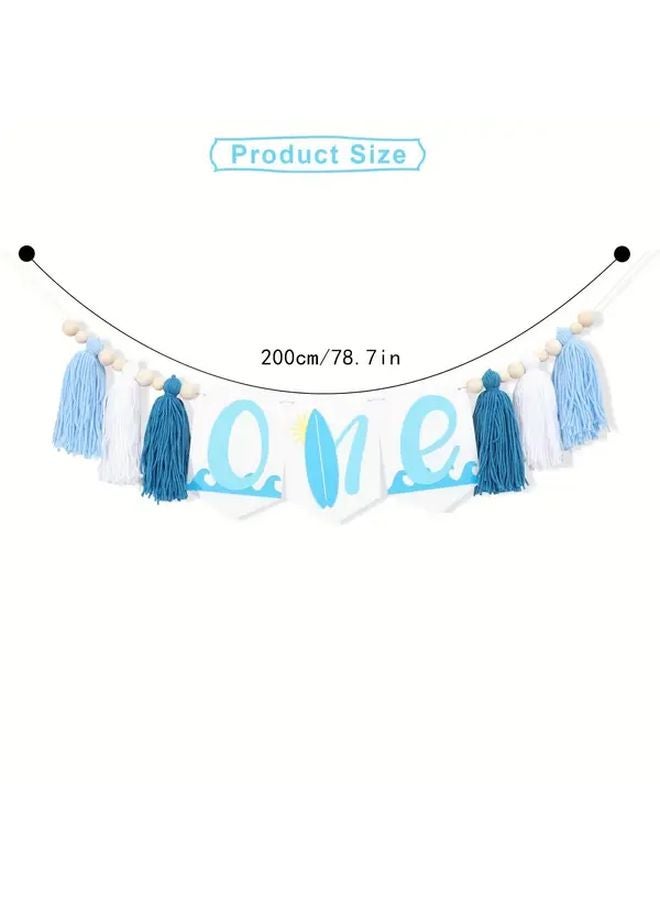 لافتة عيد الميلاد الأول باللون الأزرق الداكن والأبيض والأزرق الفاتح مع شرائط وأمواج المحيط زخرفة - Image 4