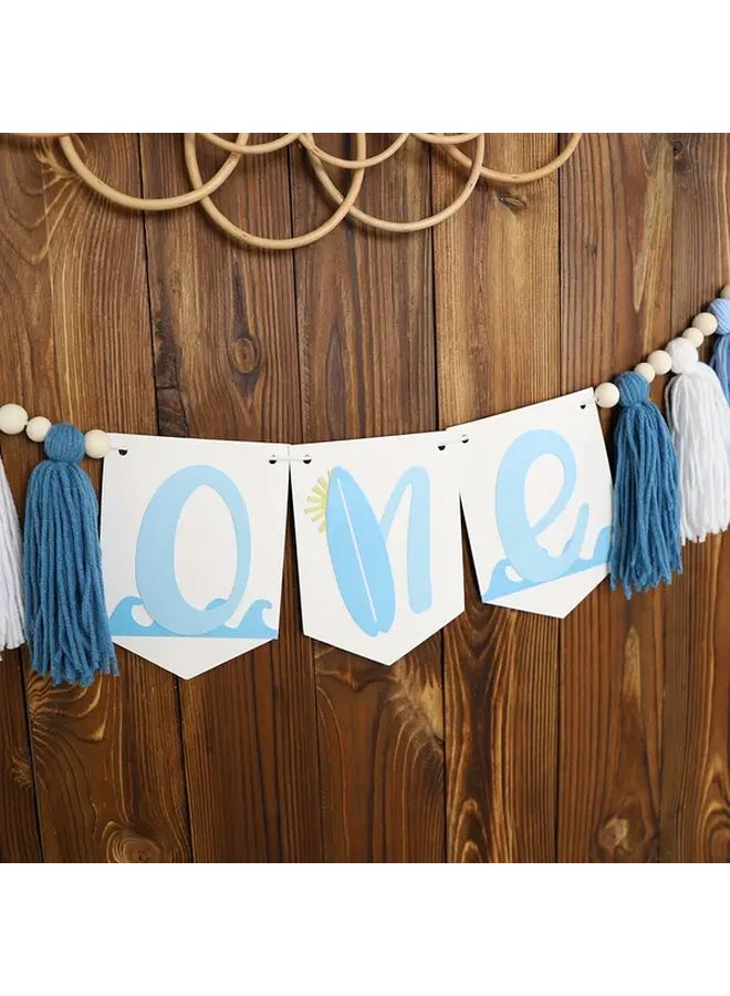 لافتة عيد الميلاد الأول باللون الأزرق الداكن والأبيض والأزرق الفاتح مع شرائط وأمواج المحيط زخرفة - Image 5